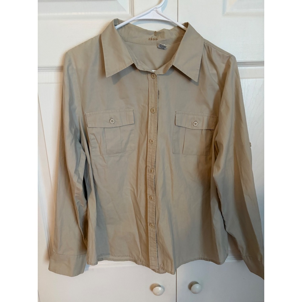 IZOD Womens Khaki Tan Cotton Roll Tab Sleeve Utility Button Down Shirt Large